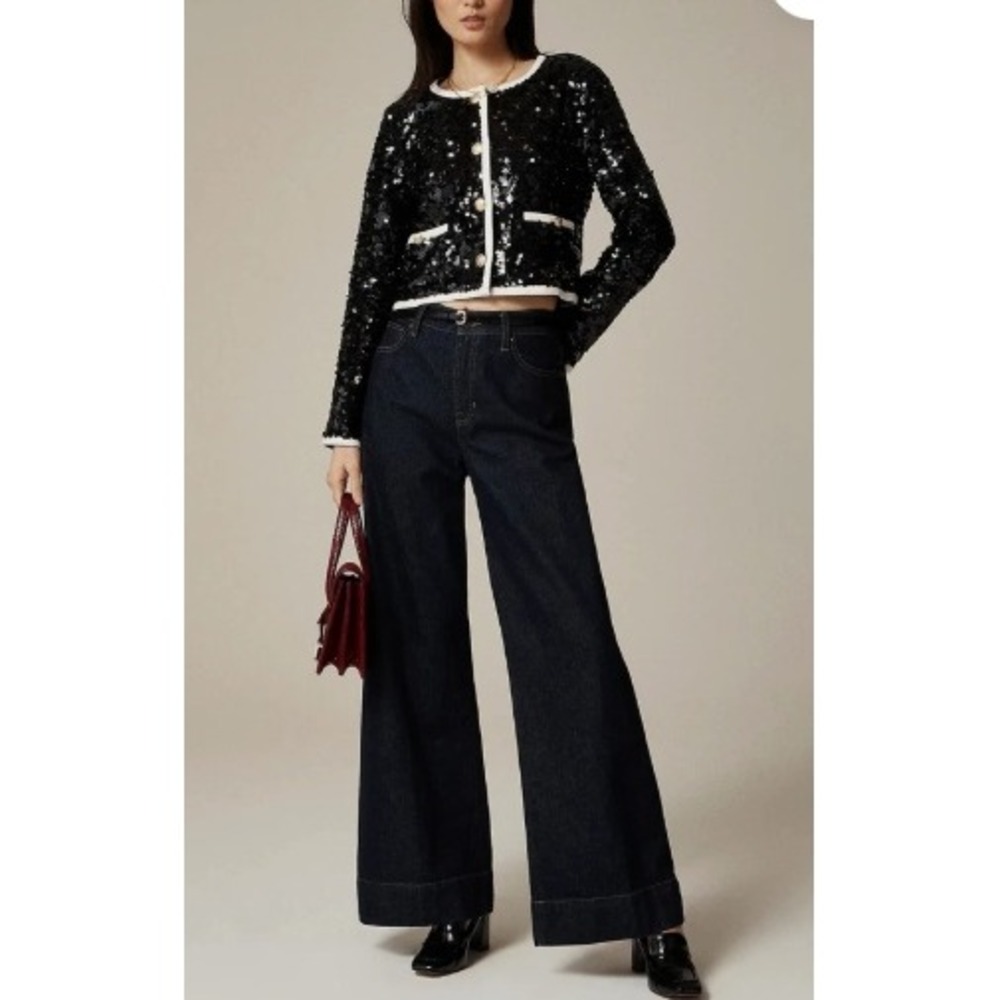 J.Crew Sequin Lady Jacket Black White Contrast Gold Button CF475 M NEW - Picture 3 of 11